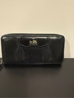 Coach Black Leather Zip Around Wallet with Silver Coach Emblem